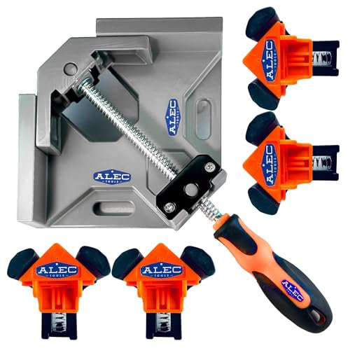 90° Corner Clamp for Woodworking - Heavy-Duty Adjustable Aluminum Alloy Clamp for Framing, Welding, Cabinetry, and Furniture - Non-Slip Rubberized Handle - Includes 4 Light-Duty Plastic Corner Clips