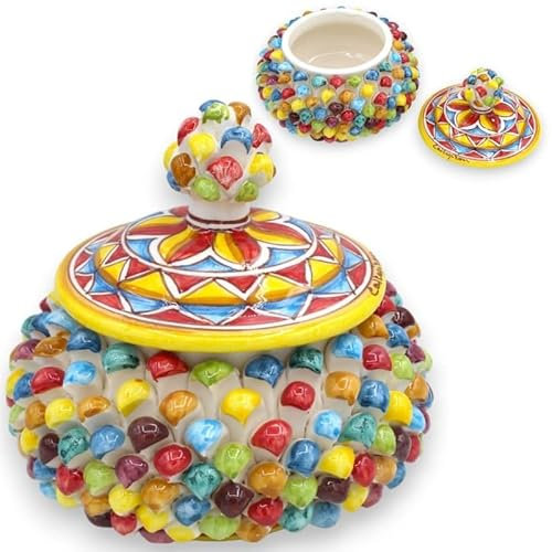 SICILIA BEDDA CAPACI Biscottiera o Portagioie Pigna siciliana in Ceramica Caltagirone, Ø 18/20 e h 18 cm ca. Multicolore