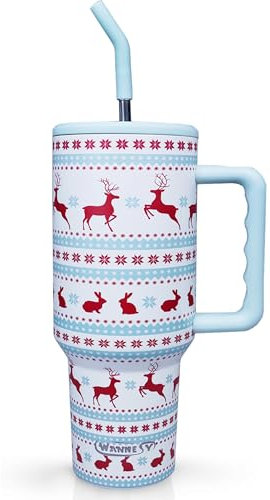 Christmas Tumbler 40oz with Handle and Straw Lid,Christmas Cup Elk Rabbit Themed Christmas Gifts for Women Girls Double Insulated Cup Travel Coffee Mug