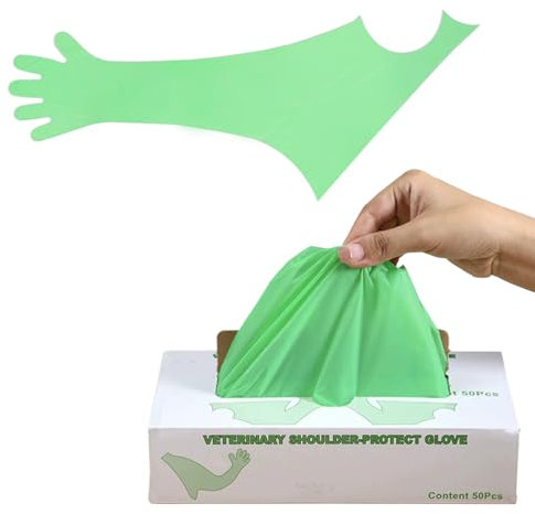 JIAHG 50Pcs Disposable Plastic Long Glove Extra Thick Single Use Long Sleeve Full Arm Shoulders Length Glove for Animal Husbandry Veterinary Checking Cleaning (Green)