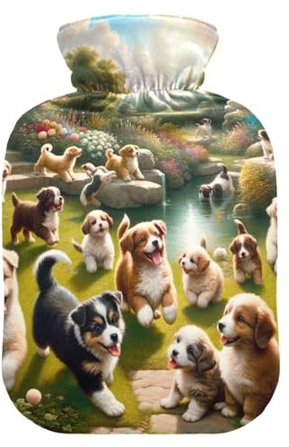 Playful Dogs with Flowers Hot Water Bottles with Soft Velvet Cover Hot Water Bag for Foot Bed Warmer Pain Relief, 2 Liters