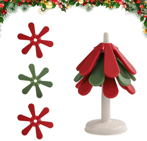 3pcs Trivets for Hot Dishes, Silicone Tree Pads with 1 Stand Creative Tree Pads Tree Coasters for Hot Pots, Pans, Bowls, Cups, Plates (Christmas Style)