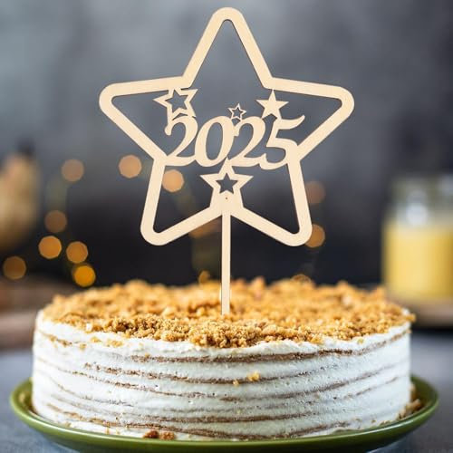 Gleevio 2025 Tortendeko Happy New Year,Holz Cake Topper Happy New Year 2025,Torten Topper Silvester Deko 2025,Kuchendeko Neujahr,Stern Tortendeko 2025,Torten Deko 2025 für Silvester Party Deko