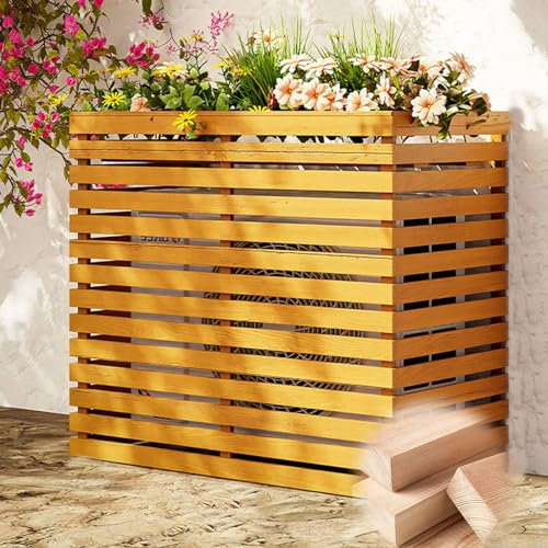 Clôture de clôture pour climatiseur extérieur avec piquet en métal et panneaux de bois jaune pour équipement de piscine et poubelle, 120 x 6 cm