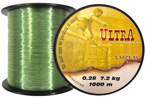 LAZER LINE Ultra Monofil Angelschnur 1000m Dia 0,28mm Test 7,2kg Grün Schnur - Karpfen Hecht Zander Angel - Spinner Angeln - Grundangeln - Monofilament Angelsehne - Nylonfaden Vorfach – Vorfachschnur