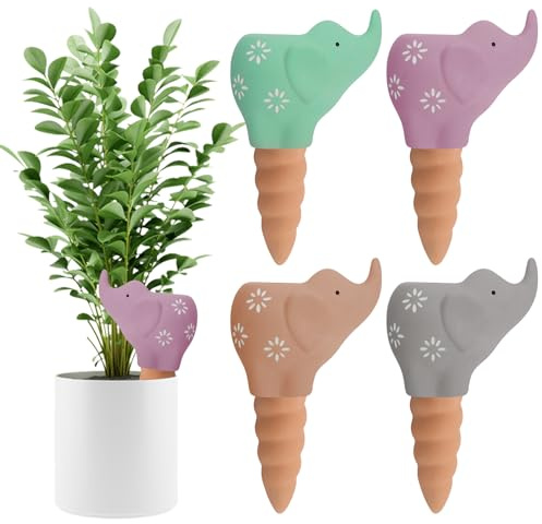 Kalolary 4 Pack Terracotta Self Watering Spikes Plant Watering Globes, Decorative Terracotta Vacation Plant Waterer Plant Automatic Watering Devices for Indoor and Outdoor Plants (Elephant)