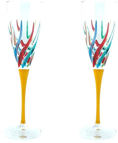 CC Zecchin Pair of Murano Champagne Wine Glass Hand Painted Multi Yellow Stem