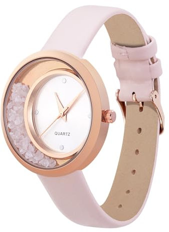 Crystal Blue Damen Armbanduhr Rosenquarz Schmuck analog Quarz weiches Armband rosa 7666