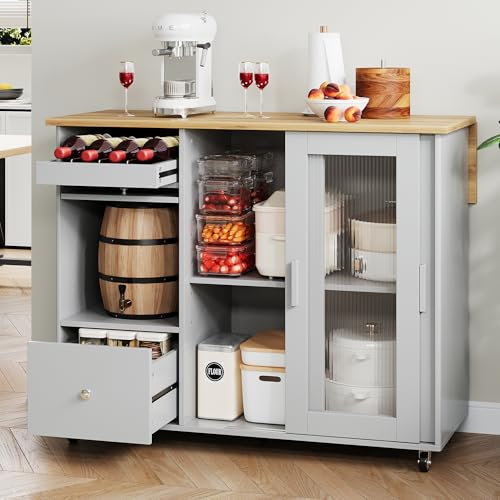 Merax Kücheninsel mit klappbarer Arbeitsplatte, mit Schiebetüren aus gehärtetem Glas, 2 Schubladen(4 Weinregale), Küchenwagen Küchenschrank Buffetschrank Esszimmerwagen, 112×46(69)×91cm/Grau