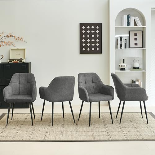 Colorig Modern Dark Grey Dining Chairs Set of 4, Ergonomic Armchairs with Cross Metal Legs, Plush Chenille Fabric Upholstered Seat Living Room Chairs for Reception Kitchen Bedroom (4, Dark Grey)