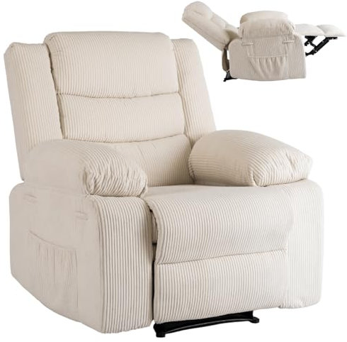 MEBEL ELITE Relaxsessel mit Liegefunktion - Fernsehsessel Beige mit 3 Sitzpositionen - Cord Sessel Wohnzimmer mit Seitentasche für Zubehör - Lesesessel Bequem Leicht zu Reinigen