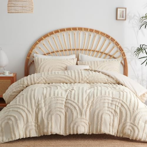 Lanqinglv Bohème Housse de Couette 240 x 260 cm Beige + 2 taie d'oreiller 65x65cm,Parure de Lit 2 Personnes Adulte Ado Tuftée Broderie Parure de Lit Linge de lit Avez Fermeture Éclair,Géométrique