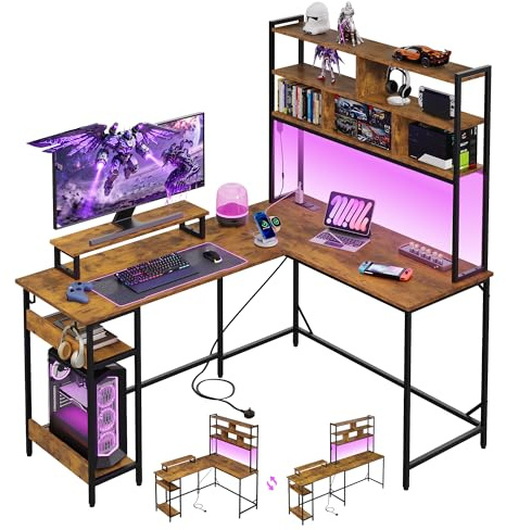 DEVAISE 150×118cm Gaming Desk, Corner Desk with Bookcase, for Home Office, Brown