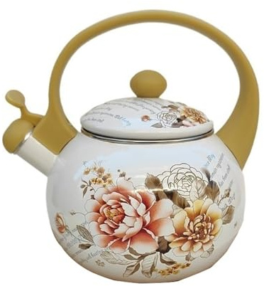 Vintage Emaille-Teekessel, Pfeifen, Emaille auf Stahl, Wasserkessel, Blumen-Teekanne mit Cool-Touch-Griff, Camping-Wasserkessel für den Herd, 2,2 l(Yellow)