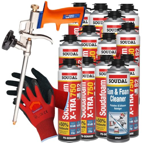 SET 12 x SOUDAL Soudafoam X-Tra 750 B2 Pistolenschaum 500 ml + Reiniger + Arbeitshandschuhe und Schaumpistole von Hauswerk.shop