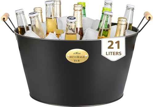 iHoo Getränkewannen für Partys, Zinkwanne groß mit Holzgriffen, Schwarz Verzinkte Wanne, Ideale Partywannen für Getränke 21l 1stück