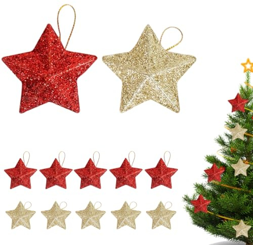 GJKLO 12 Christbaumschmuck Sterne, Weihnachtsbaumschmuck Gold und Rot, Glitzer Weihnachtlicher Baumschmuck, weihnachtsanhänger, Tannenbaumschmuck, weihnachtsdeko gold