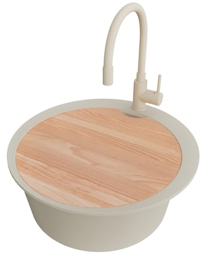 PRIMAGRAN Granitspüle ab 50er Unterschrank + Küchenarmatur, 53x53cm | Set: Küchenarmatur BW6020 + Ablauf-Set + Schneidebrett + Spülbecken Rund 1 Becken - Piza, Beige