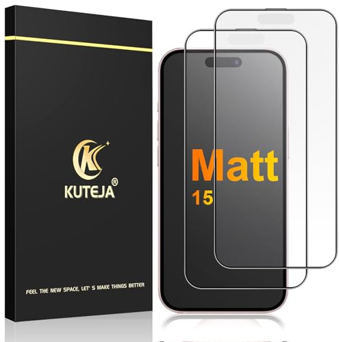 Kuteja Matt Panzer Schutz Glas für iPhone 15 [2 Stück], 9H Härte Full Screen Matte Schutzfolie, Anti-Fingerabdruck, Blendschutz, Anti-Kratzen Gehärtetem Glas Displayschutzfolie