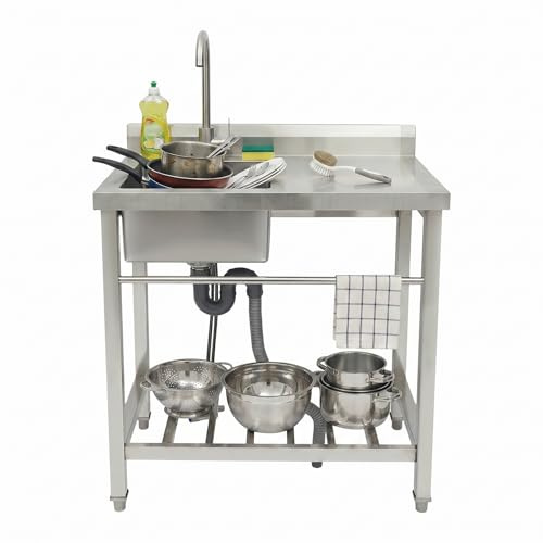 Évier Sur Pied Inox Cuisine Professionnelle, Évier Libre Installation Grande Capacité, Évier Cuisine avec Plan Travail Inox, Robinet Égouttoir Intégrés, Buanderie Garage, Bar Maison, 80x55x84cm