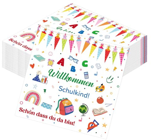 Yomover Servietten Einschulung Schulanfang, 50 Stück Servietten Willkommen Schulkind Einschulung Deko Junge Mädchen, Schön Dass Du Da Bist Schulkind Papierservietten Tischdeko 33x33 cm