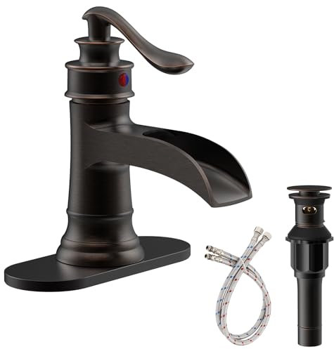 Wasserfall-Badezimmer-Wasserhahn, ölgeriebenes Bronze-Waschbecken mit Pop-Up-Ablaufstopfen, Einloch, rustikaler Waschtisch, Bauernhaus, Überlauf, Einhand-Badewanne, schwarz, kommerzielle Montage,