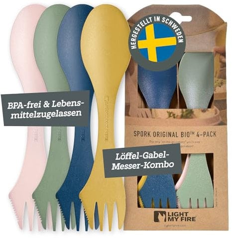 Light My Fire Spork Original - Fourchette Cuillère de Camping - Couvert de Camping 3-en-1 - Couteau et Fourchette-Cuillère réutilisables - Couvert Multi Fonction sans BPA - Lot de 4 - Nature