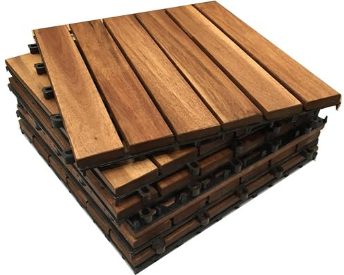 CLICK-DECK Hardwood Decking Tiles | Patio, Balcony, Concrete, Hot Tub Deck Tiles | 30x30cm Square Connect Flooring | Easy Installation | Acacia Wooden Brown | Great Drainage (144x Hardwood Deck Tiles)