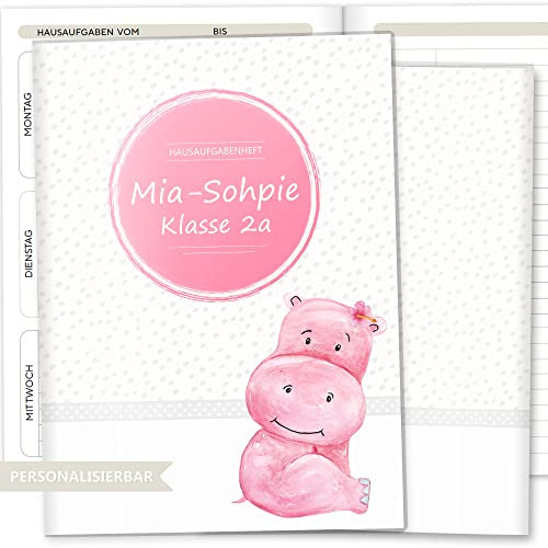 Olgs Hausaufgabenheft Hülle Safari Tour inkl. Heft Schulheft Schutzhülle Umschlag Geschenkidee Einschulung personalisierbar mit Namen und die Schulklasse (personalisiert, Pink Hippo)