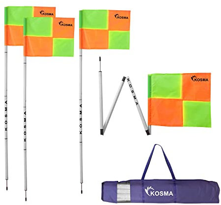 Kosma Set of 4PC Collapsible Corner Flag | Foldable Football Training Corner Flag Pole Size: 5 Ft x 25mm - White pole with Metal Spike & Yellow/Orange Quadrant Pattern Flags - in carry bag