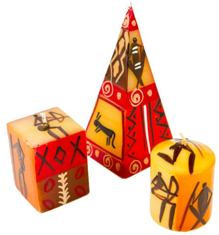 Afrika-Deko 3er Kerzenset Damisi Nobunto handbemalt aus Afrika handgefertigte afrikanische Kerze