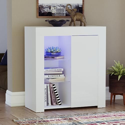 Vida Designs Azura Buffet LED Moderne 1 Porte Blanc RVB (Options de décoloration et de stroboscopique incluses), Haute Brillance, Standard