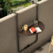 BAKAJI Mesa Auxiliar de barandilla para Exterior, balcón Plegable, Ahorro de Espacio, Altura Ajustable, Estructura de Metal y Tablero de polirratán xon portavasos Dimensiones 60 x 64 cm (marrón)