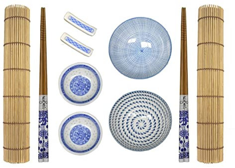 Hogar y Mas Sushi Kit Completo para 2 Personas, Palillos Chinos, Esterillas, Accesorios Porcelana Azul, Set 10.