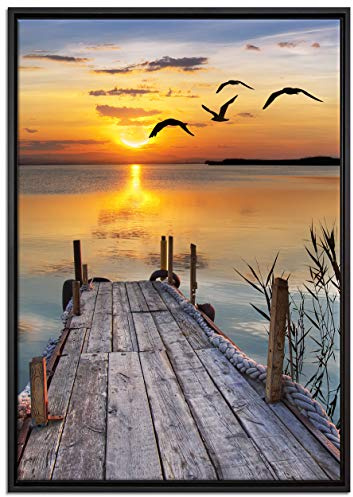 Pixxprint Steg bei Sonnenuntergang Leinwandbild 100x70 cm im Bilderahmen, Wandbild, Schattenfugenrahmen, Kein Poster