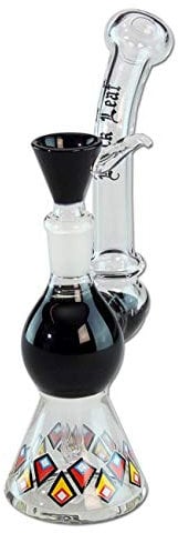 Black Leaf Glasbong mit Lochdiffusor | Klar/Schwarz 19cm | Percolator Bong 14,5 (NS 14) aus Borosilikatglas | Glaspfeife für Kräuter buntes Diamant Design mit Lift-Off-Kopf | Ø 60/16mm