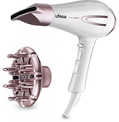 Ufesa Sèche-cheveux professionnel SC8400, moteur AC, technologie AirPro, comprend un concentrateur et un diffuseur, 2 vitesses et 3 températures, 2200 W