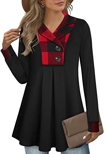 Gaharu Damen-Tunika mit Kerbkragen, schwingend, Pullover, mit Knöpfen, lange Ärmel, Shirt, Oberteile