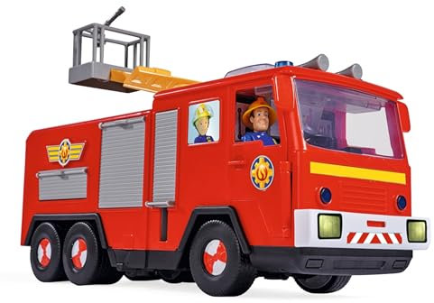 Simba 109252516 - Feuerwehrmann Sam Jupiter aus Serie 13, mit Figur und Dalmatiner Radar, Schnuffi, 2 Verschiedene Sounds, Blaulicht, drehbare Leiter zum Ausklappen, 31cm Feuerwehrauto, ab 3 Jahren