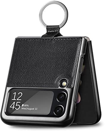GOGME Case for Samsung Galaxy Z Flip 3 5G, Slim Retro Leather Case with Ring, TPU Non Slip Surface, Anti-Shock, Anti-Scratch, Black