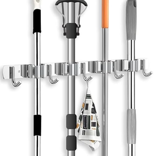 Newaner Colgador Escobas y Fregonas Adhesivo con Tornillos, Soporte Escobas Pared Exterior de Acero Inoxidable con 4 Soportes y 5 Ganchos, Sujeta Escobas Pared para Cocina Armario Baño Garaje Jardín