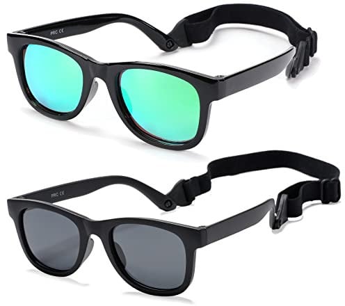 COASION Baby Kinder Polarisierte Sonnenbrille UV400 Schutz Silikon Rahmen mit Sonnenbrille für Baby 0-24 (C6* Schwarz/Grüner Spiegel + Mattschwarz/Grau - 2er Pack)
