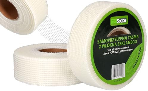 ToolSpace Nastro per Cartongesso 4,5 cm x 90 m - Fibra Vetro Intonaco con Retina per Crepe Muro Muri Stuccare - Striscia Copertura Autoadesivo per Rasatura Interni - Toppe Adesiva Riparazione Giunti