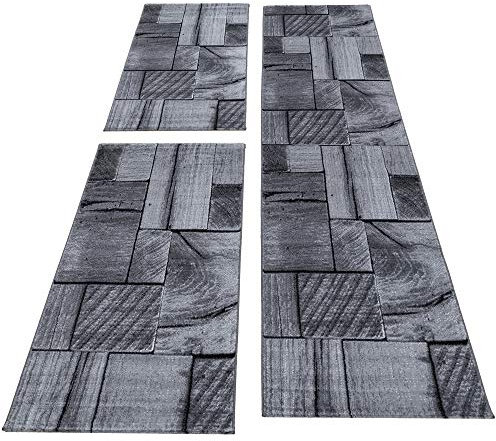 Carpettex Bettumrandung Schlafzimmer 3teilig Kurzflor Teppich Dielen Optik Schwarz Grau Bettset:2 mal 80x150 cm + 1 mal 80x300 cm - Bettvorleger Schlafzimmer Läufer Set Weicher Bettumrandung Teppich