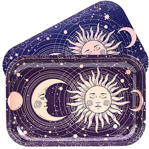 Sun Moon Rolling Tray with Magnetic Lid, 11''x7'' - Large Storage Decorative Tray - Ideal for Home & Travel, Celestial Aesthetic Metal Tray Set - Mystical Gifts for Spiritual Hippie, Astrology