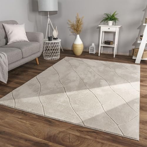 TT Home Wohnzimmer Teppich Esszimmer Kurzflor Skandi Design Rauten Deko 3D Weich, Farbe:Creme, Größe:80x150 cm