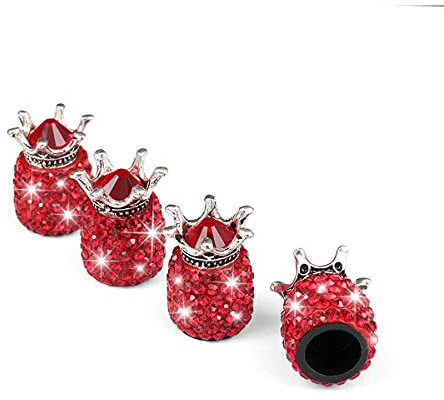 CGEAMDY 4 Stück Luftventilkappen KFZ, Crown Crystal Strass Reifenkappen, Reifenventil Staubkappen, Bling Ventilkappen Handgefertigte Universal Auto Zubehör (Rot)