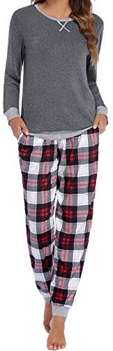 Ekouaer Pigiama Donna Invernale a Quadri Pigiama Donna Lungo Pigiami Due Pezzi da Donna con Tasche Laterali Comodo Casual per la Casa S-XXL