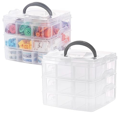 ilauke 2 Stück Fächer Aufbewahrungsbox mit Tragegriff, 3 x 6 Fächern Stöckige Aufbewahrungsbox Plastik Transparent Stapelbar für Die Organisation von Nähfäden,Spulen,Perlen,Schmuck,Spielzeug
