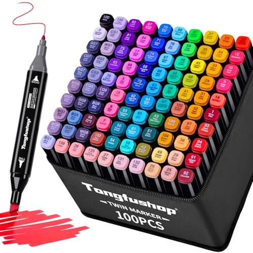 Tongfushop 100 Colored Marker Set, Colouring Pens, Marker Set for Adults Artists, Double Tip Art Pens for Drawing, Sketching, Anime and Manga with Carrying Case and Storage Base